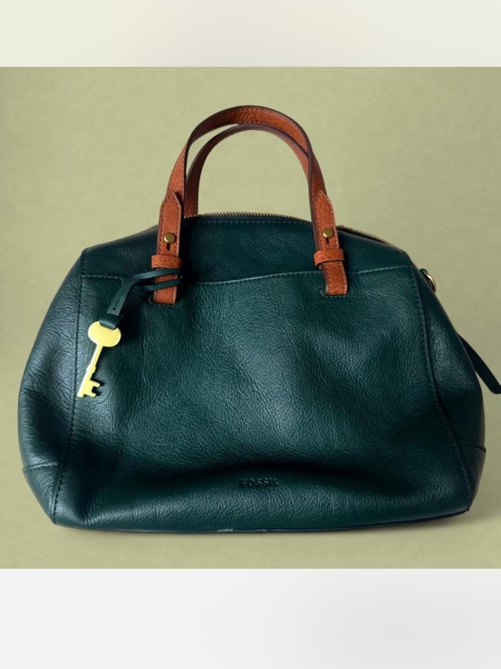 Fossil Dark Green Rachel Leather Satchel with Brown Handles